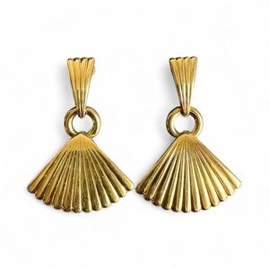 Monet Gold Tone Fan Earrings Clip on 90s Vintage Statement Drop Earrings